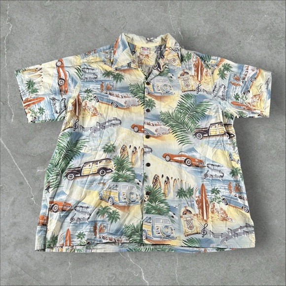 Vintage Go Barefoot Hawaiian Shirt Men 3XL Tan 60s 70s Loop Collar Tropical Cars - Picture 1 of 7